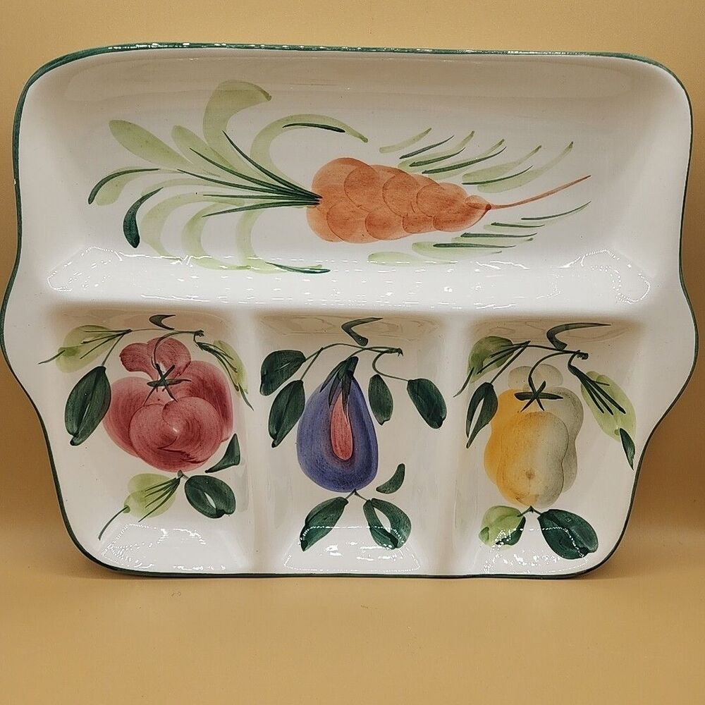 Italian Ceramic Majolica 4 Section Divided Relish Dish Vegetable Theme Vintage